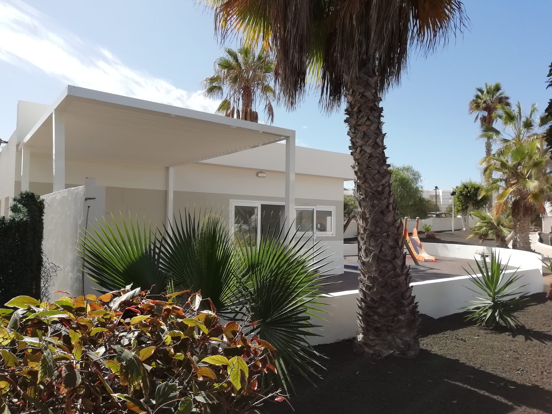 Pérgola en jardín con palmeras
